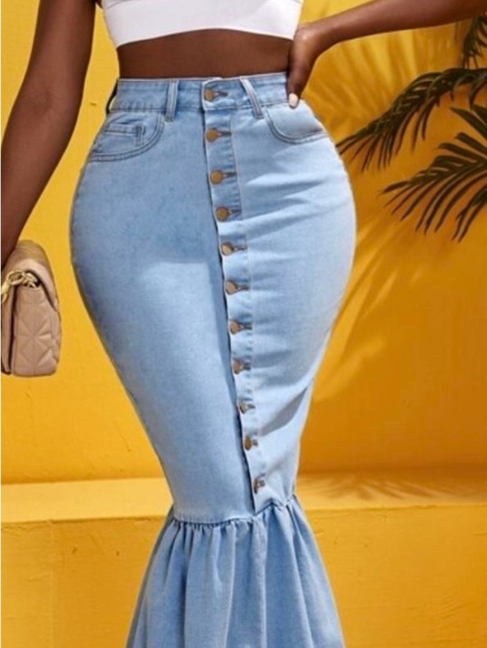 SHEIN Light Blue High-Waist Button-Front Mermaid Maxi Skirt